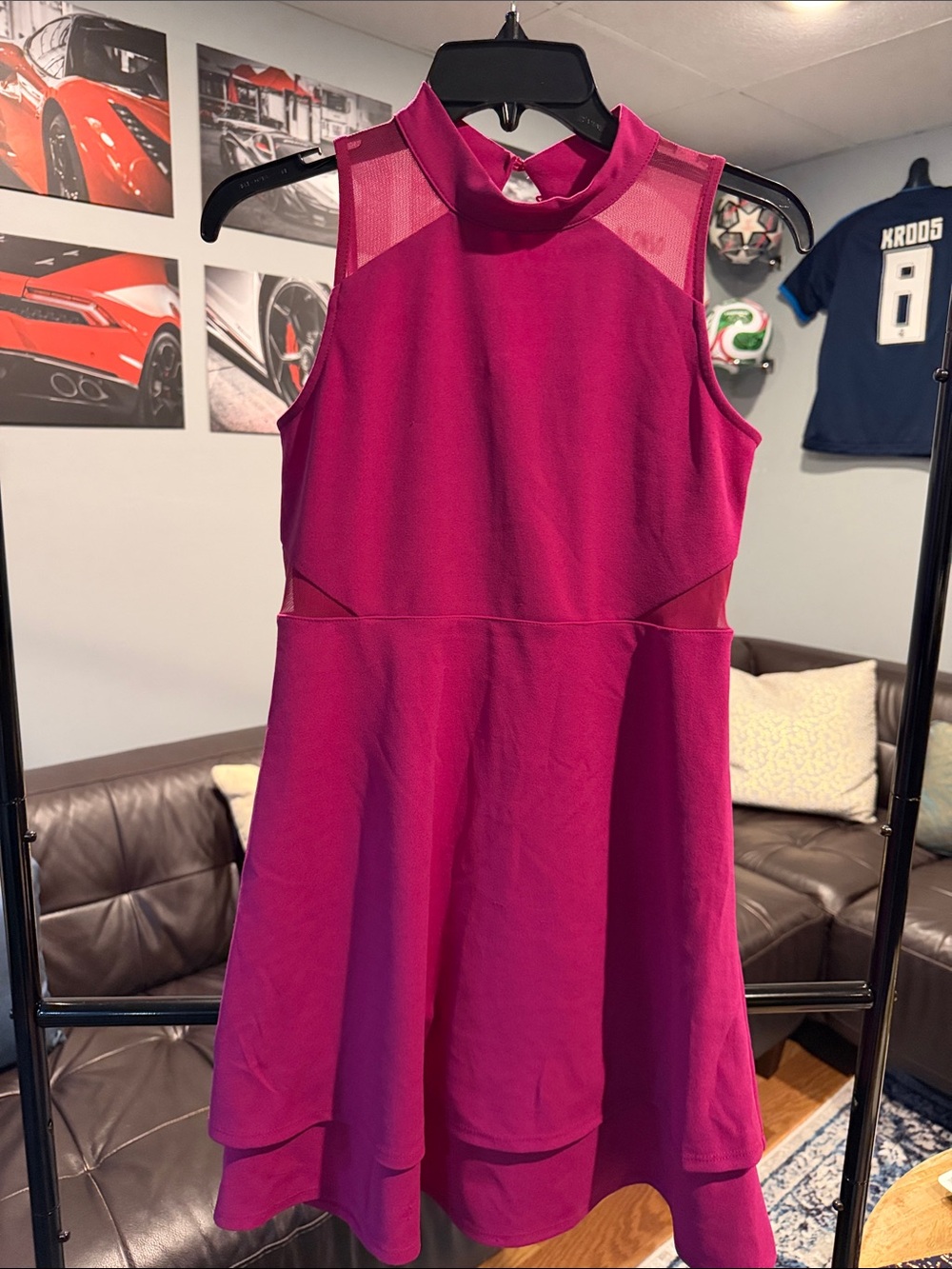 Girls' Sleeveless Magenta Fit-and-Flare Dress with Mesh Yoke
